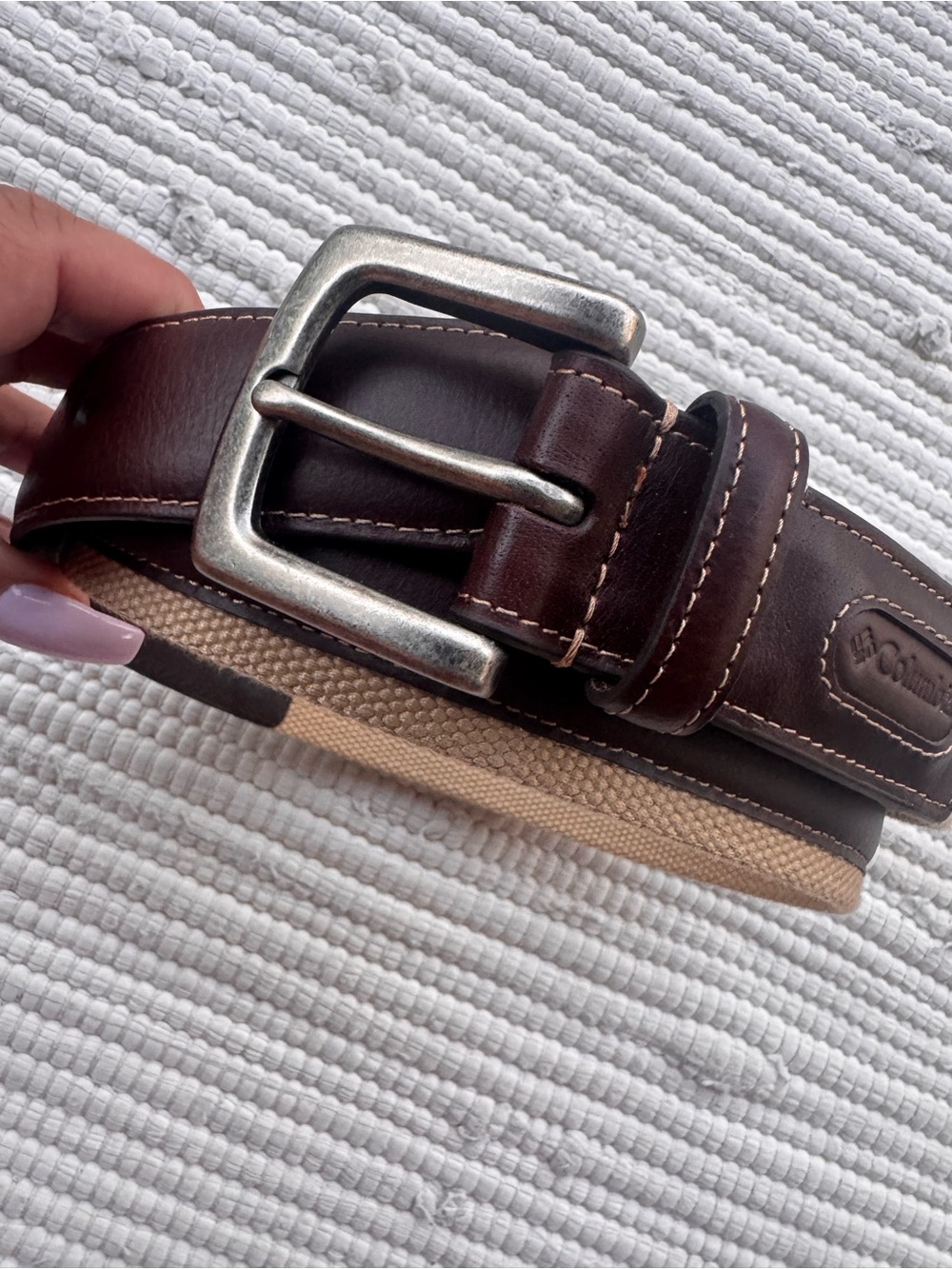 Columbia Genuine Leather & Canvas Belt Brown Tan Size 36/90 - Picture 4 of 12